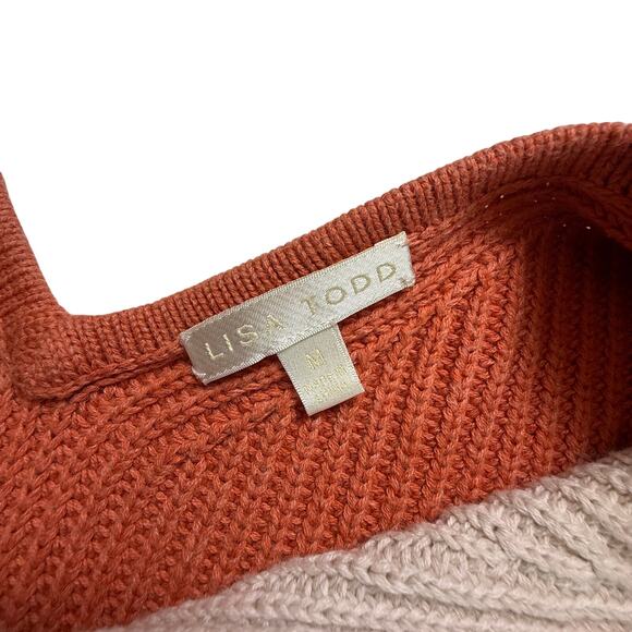 Lisa Todd Cotton Colorblock Sweater V-Neck Taupe Rust Knit Pullover Size M - Picture 3 of 11